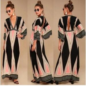 Lulus Montecito Black Print Maxi Dress Kimono Sleeves Flowy Women's size XL New